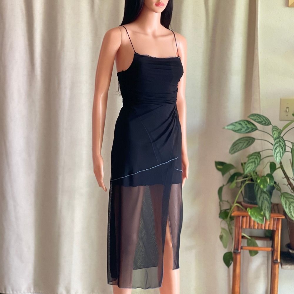 Black Mesh Overlay Midi Dress‎ Strappy Back Sheer Whimsigoth Emo Goth Size XS